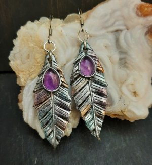 Amethyst and Clay Feather Earrings