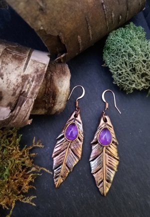 Amethyst and Clay Feather Earrings